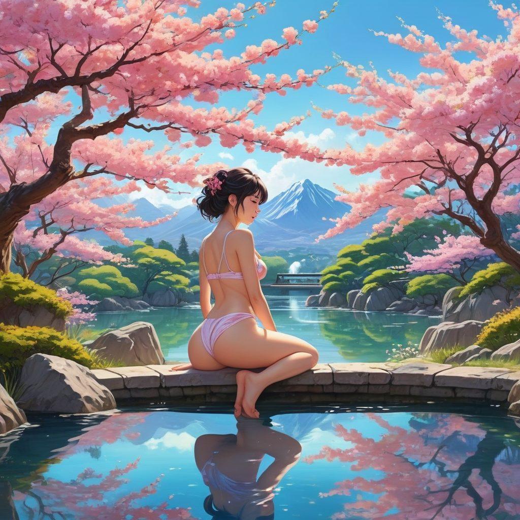 A collage showcasing diverse styles of erotic anime characters in vibrant poses, featuring an intricately designed Japanese landscape as the background. Include elements like cherry blossoms and a serene water feature to reflect a mix of beauty and sensuality. Highlight aspects of streaming, such as a vintage television or computer screen playing a vivid anime scene. Include subtle hints of surrealism and fantasy elements to enhance the allure. colorful, anime-inspired art, fusion of traditional and modern styles.