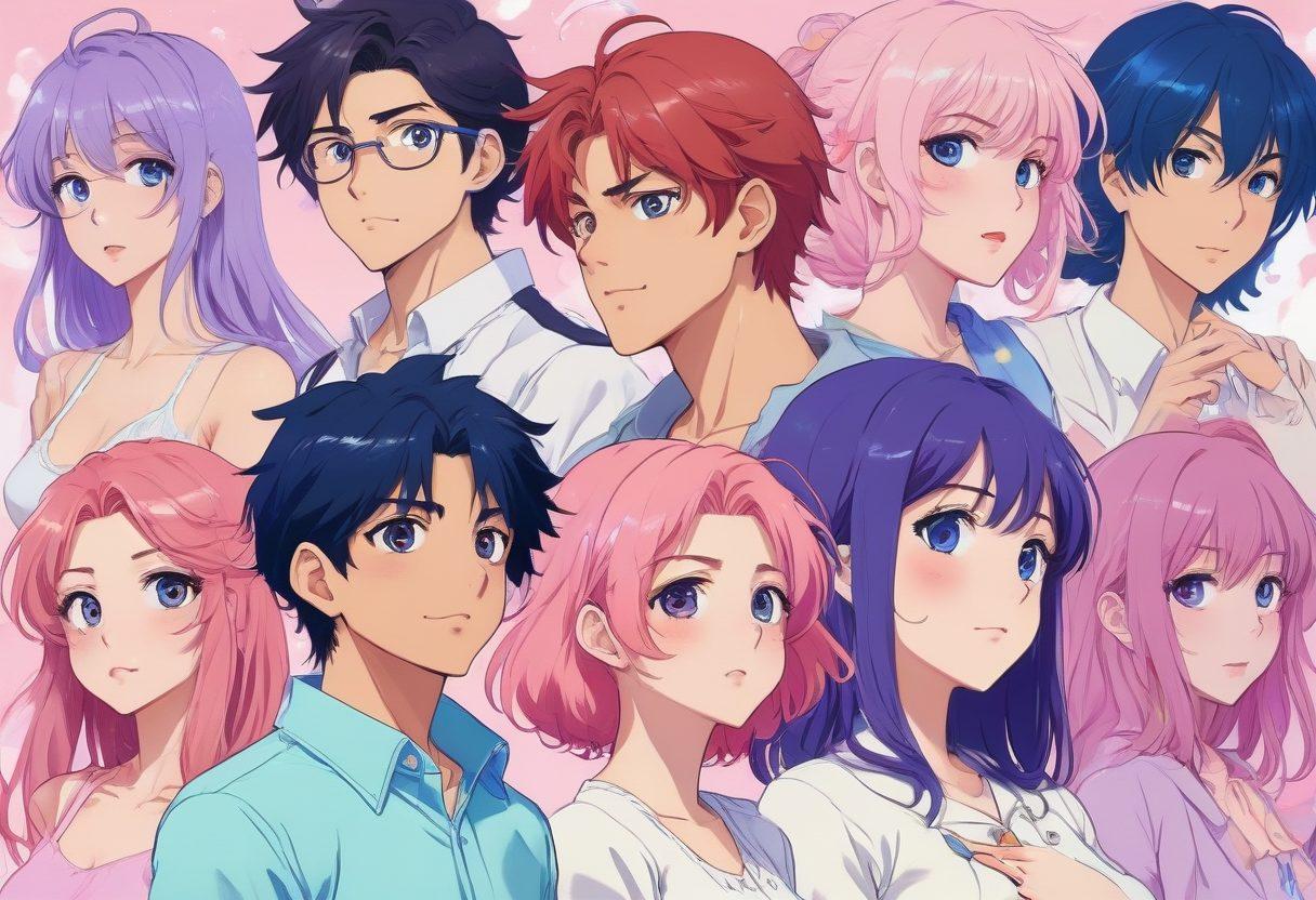 A collage of vibrant and stylized characters from various hentai anime, showcasing diverse female and male figures, each expressing different emotions and poses. The background features a softly blurred blend of pinks, purples, and blues to evoke a dreamlike atmosphere. Include subtle elements like anime-style speech bubbles with playful text to enhance engagement. The overall composition should be playful yet tasteful, capturing the essence of adult anime. super-realistic. vibrant colors. soft focus.